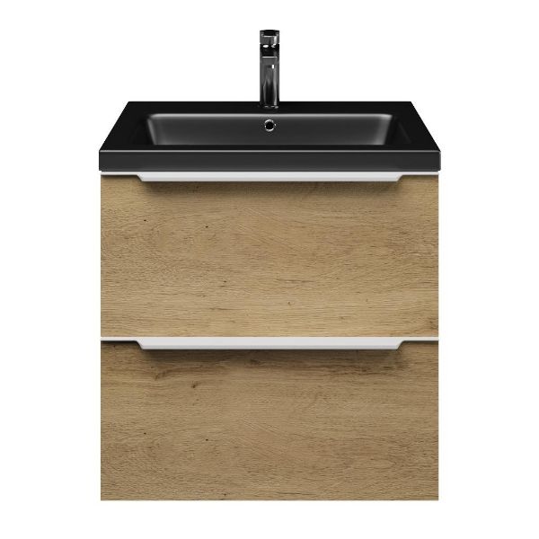 Breskens badmeubel 60 cm warm eiken met keramische Dishoek wastafel zwart mat, 1 kraangat