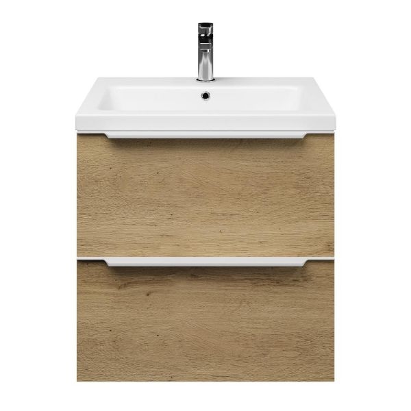 Breskens badmeubel 60 cm warm eiken met keramische Dishoek wastafel wit glans, 1 kraangat