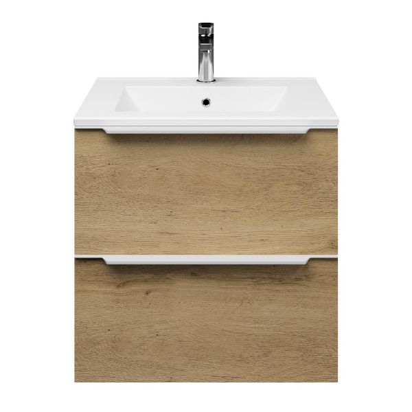 Breskens badmeubel 60 cm warm eiken met keramische Huisduinen wastafel wit glans