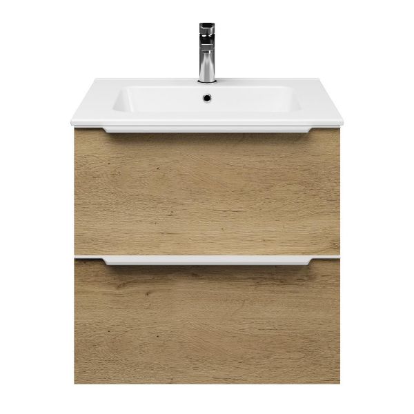 Breskens badmeubel 60 cm warm eiken met keramische Quadra wastafel wit glans