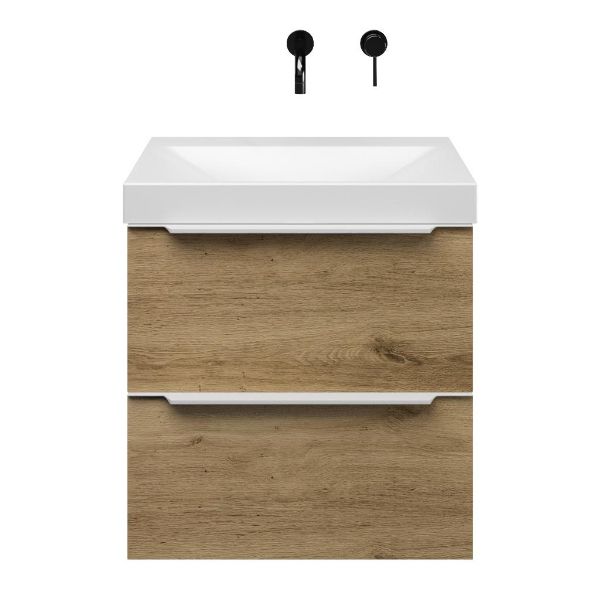 Breskens badmeubel 60 cm warm eiken met keramische Rockanje wastafel wit mat, zonder kraangat