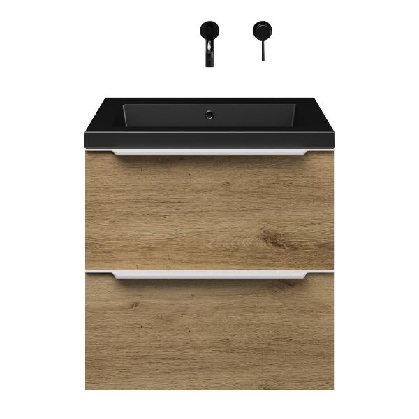 Breskens badmeubel 60 cm warm eiken met polystone Cadzand wastafel zwart mat, zonder kraangat