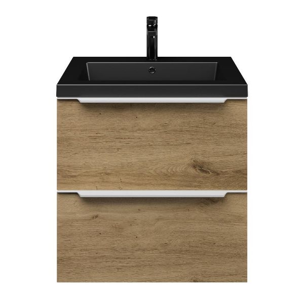 Breskens badmeubel 60 cm warm eiken met polystone Cadzand wastafel zwart mat, 1 kraangat