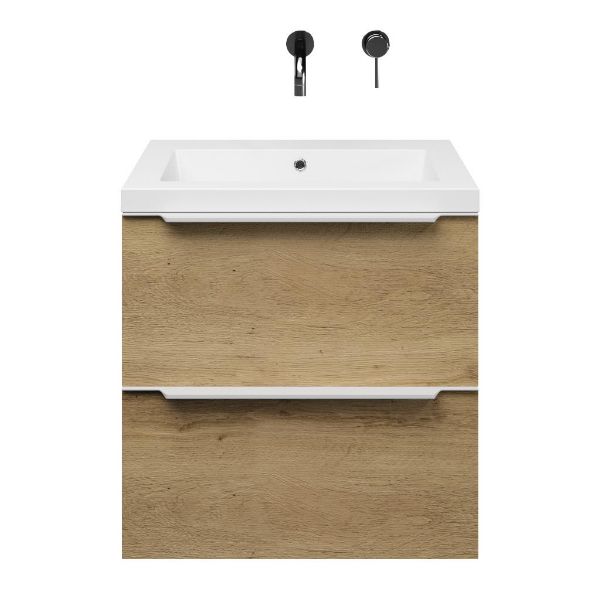 Breskens badmeubel 60 cm warm eiken met polystone Cadzand wastafel wit glans, zonder kraangat