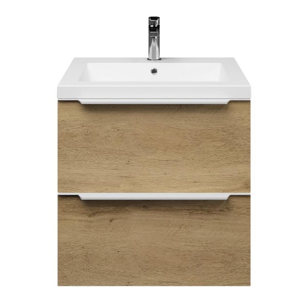 Breskens badmeubel 60 cm warm eiken met polystone Cadzand wastafel wit mat