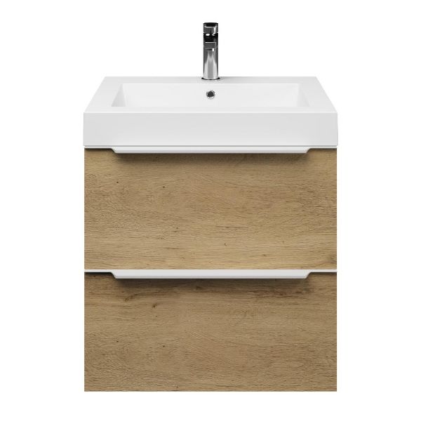 Breskens badmeubel 60 cm warm eiken met polystone Cadzand wastafel wit glans, 1 kraangat