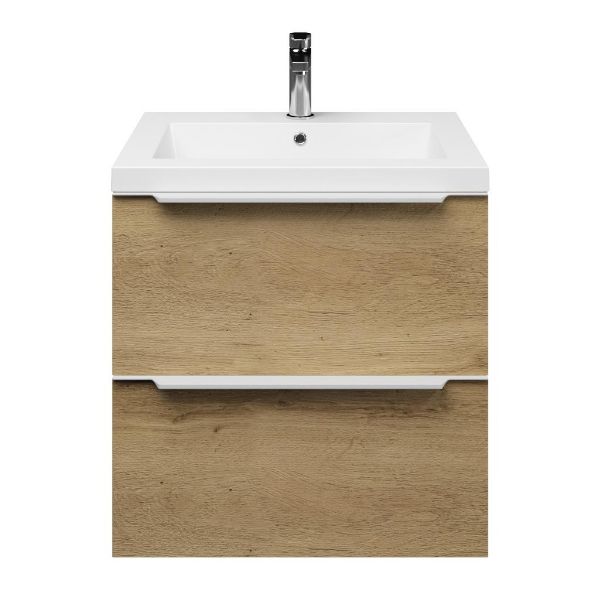 Breskens badmeubel 60 cm warm eiken met polystone Cadzand wastafel wit glans, 1 kraangat
