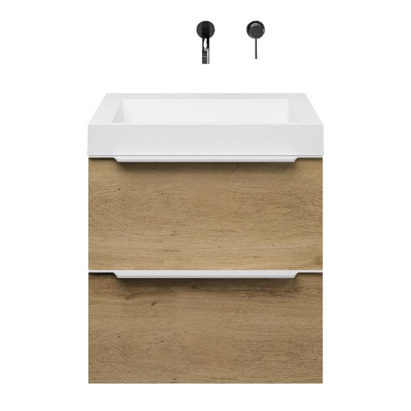 Breskens badmeubel 60 cm warm eiken met polystone Haamstede wastafel wit glans, zonder kraangat