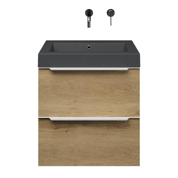 Breskens badmeubel 60 cm warm eiken met quartz Cadzand-Q wastafel grijs mat, zonder kraangat