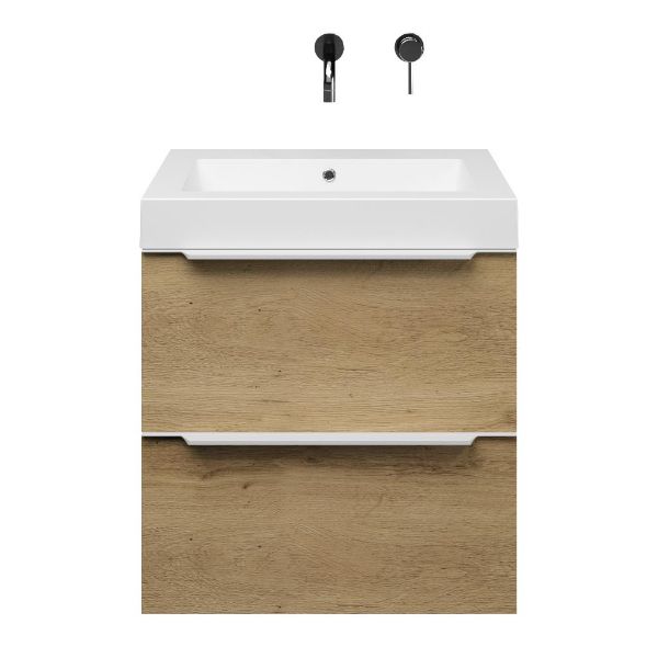 Breskens badmeubel 60 cm warm eiken met quartz Cadzand-Q wastafel wit mat