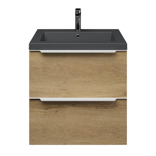 Breskens badmeubel 60 cm warm eiken met quartz Cadzand-Q wastafel grijs mat, 1 kraangat