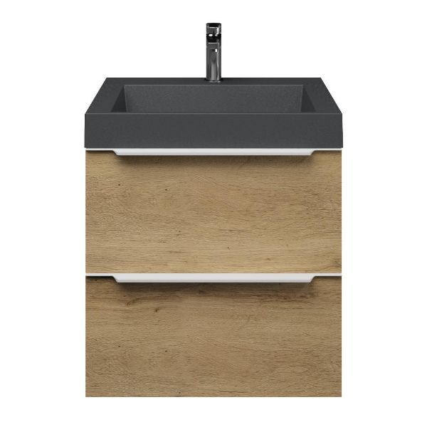 Breskens badmeubel 60 cm warm eiken met quartz Haamstede-q wastafel grijs mat
