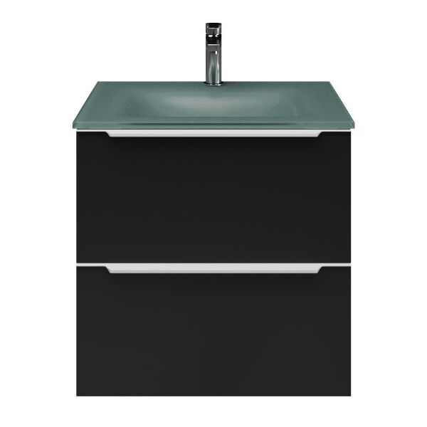 Breskens badmeubel 60 cm zwart mat met glazen Glass wastafel zilvergrijs