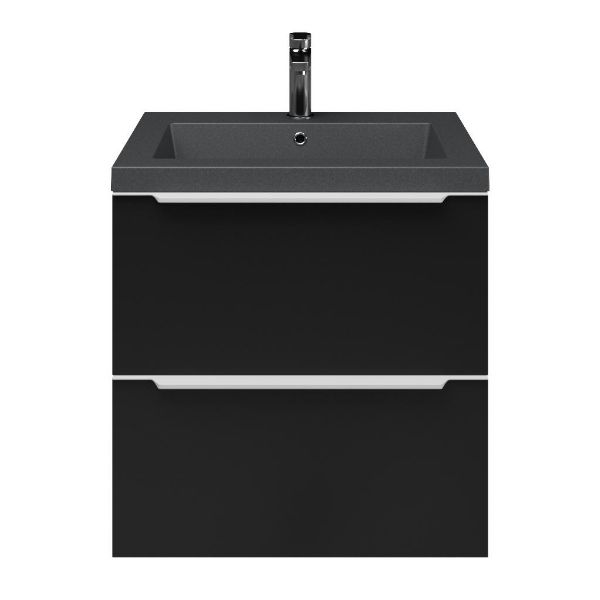 Breskens badmeubel 60 cm zwart mat met quartz Cadzand-Q wastafel grijs mat, 1 kraangat