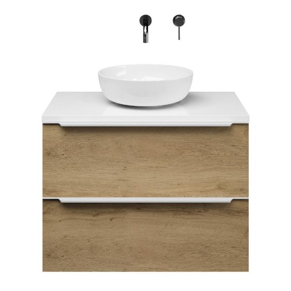 Breskens badmeubel 80 cm warm eiken met afdekblad 2,5 cm hoogglans wit