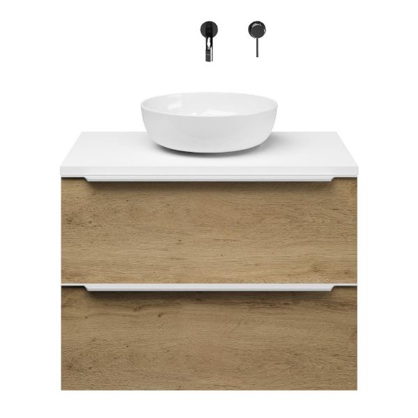 Breskens badmeubel 80 cm warm eiken met afdekblad 2,5 cm mat wit