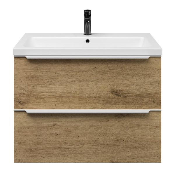 Breskens badmeubel 80 cm warm eiken met keramische Dishoek wastafel wit mat, 1 kraangat