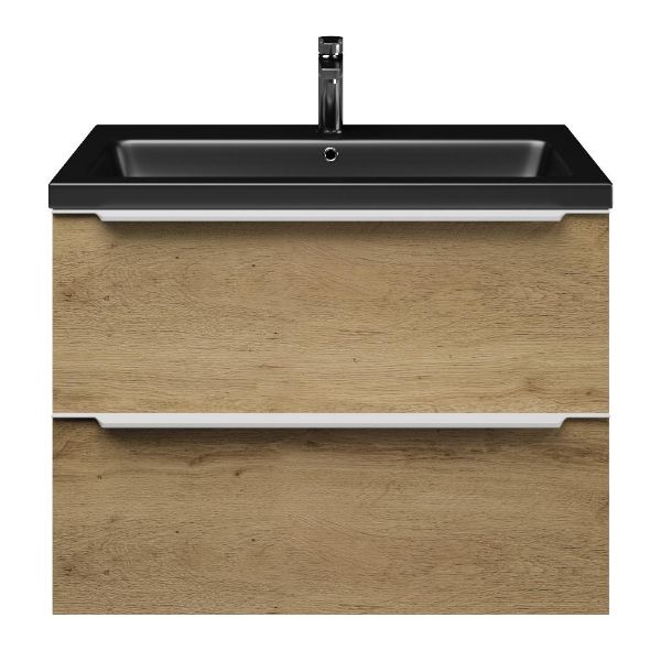 Breskens badmeubel 80 cm warm eiken met keramische Dishoek wastafel zwart mat, 1 kraangat