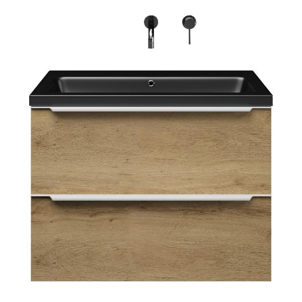 Breskens badmeubel 80 cm warm eiken met keramische Dishoek wastafel zwart mat, zonder kraangat