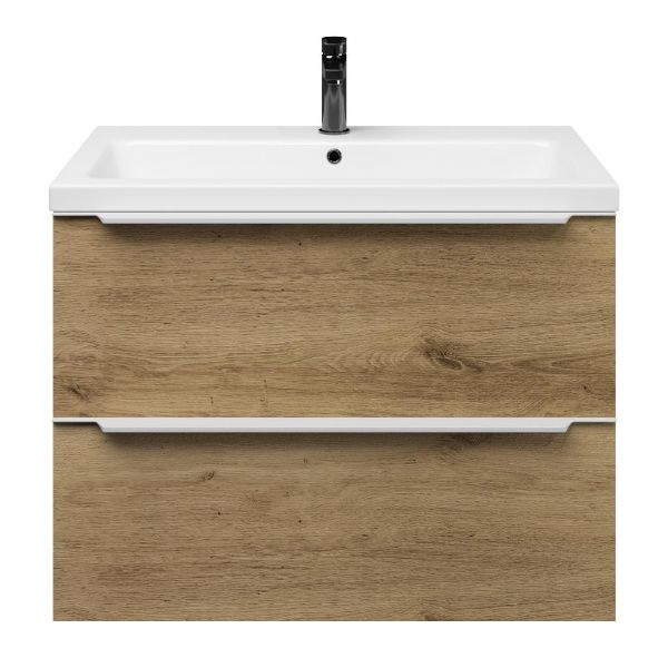 Breskens badmeubel 80 cm warm eiken met keramische Dishoek wastafel wit glans, 1 kraangat