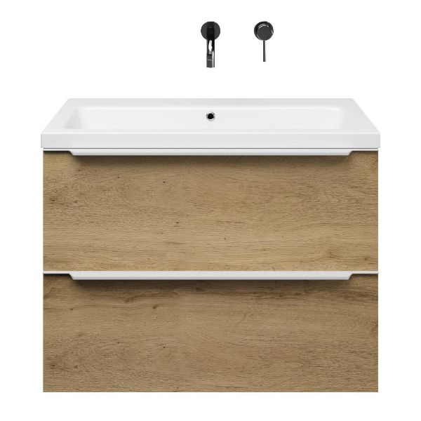 Breskens badmeubel 80 cm warm eiken met keramische Dishoek wastafel wit glans, zonder kraangat