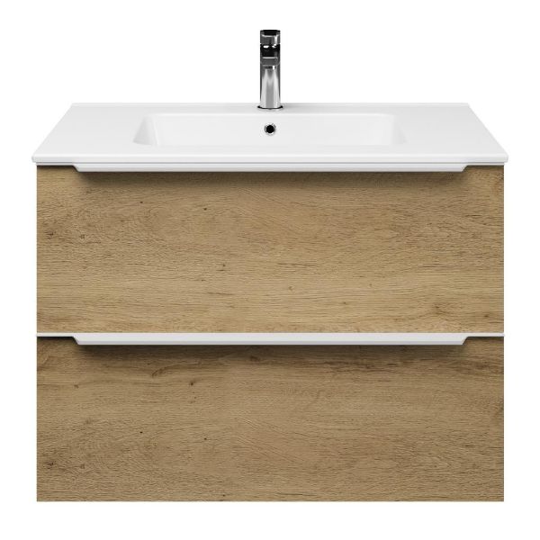 Breskens badmeubel 80 cm warm eiken met keramische Quadra wastafel wit glans