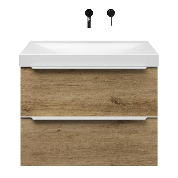 Breskens badmeubel 80 cm warm eiken met keramische Rockanje wastafel wit mat, zonder kraangat