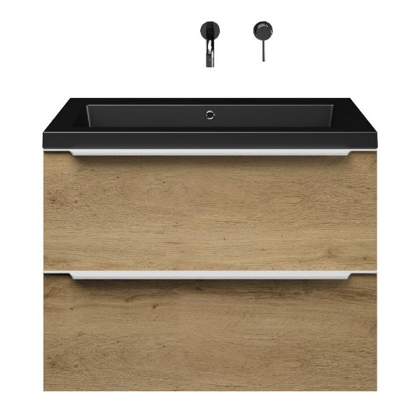Breskens badmeubel 80 cm warm eiken met polystone Cadzand wastafel zwart mat, zonder kraangat