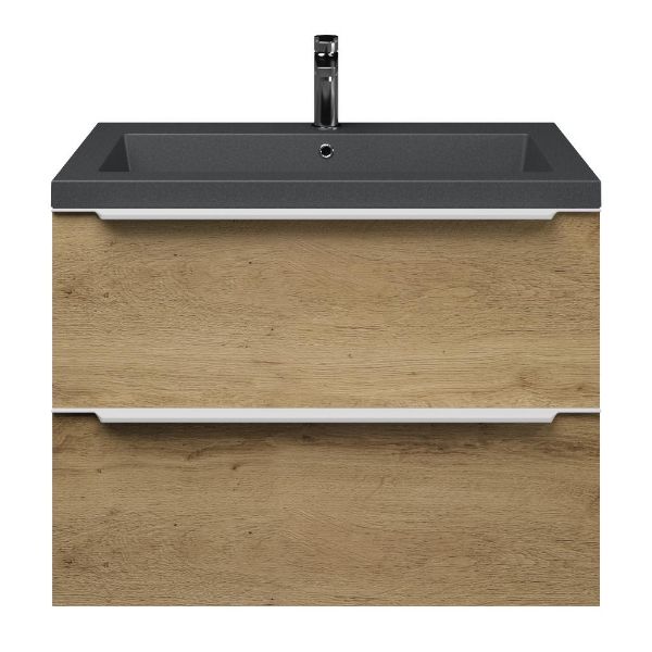 Breskens badmeubel 80 cm warm eiken met polystone Cadzand wastafel grijs mat