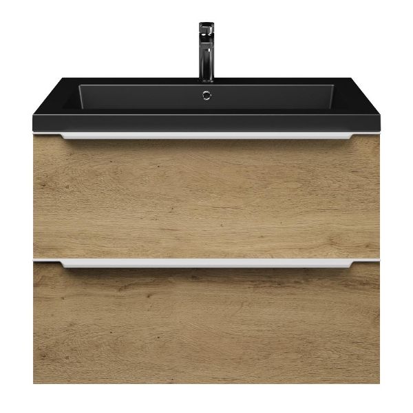 Breskens badmeubel 80 cm warm eiken met polystone Cadzand wastafel zwart mat, 1 kraangat