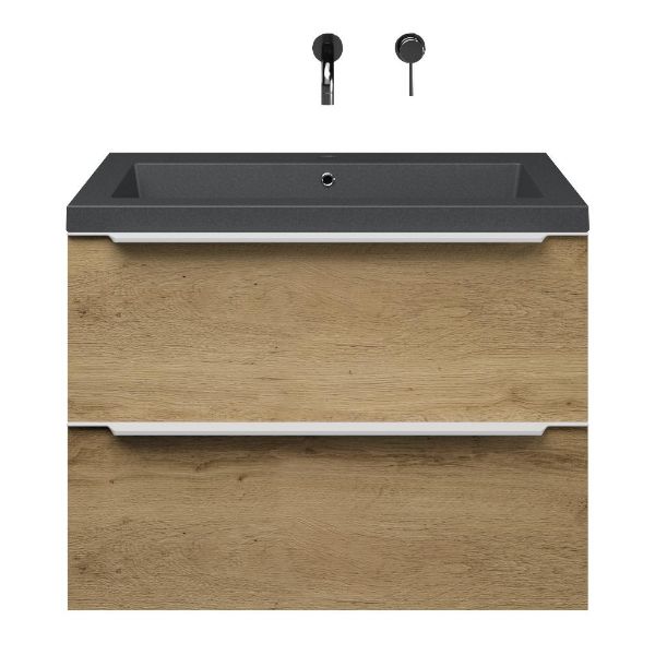 Breskens badmeubel 80 cm warm eiken met quartz Cadzand-Q wastafel grijs mat, zonder kraangat