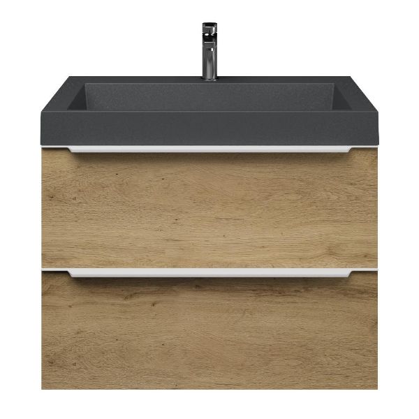 Breskens badmeubel 80 cm warm eiken met quartz Haamstede-q wastafel grijs mat, 1 kraangat