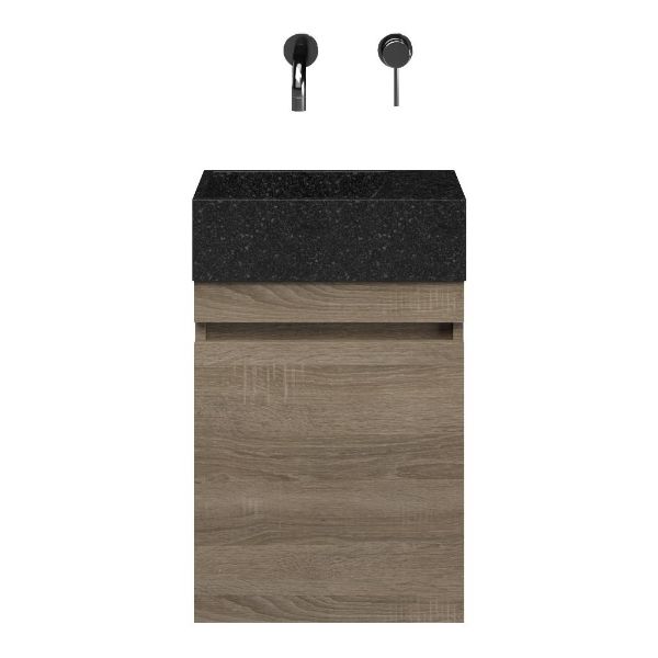Brouwershaven fonteinmeubel 40 cm donker eiken met natuurstenen Stone wastafel shanxi black, zonder kraangat rechts