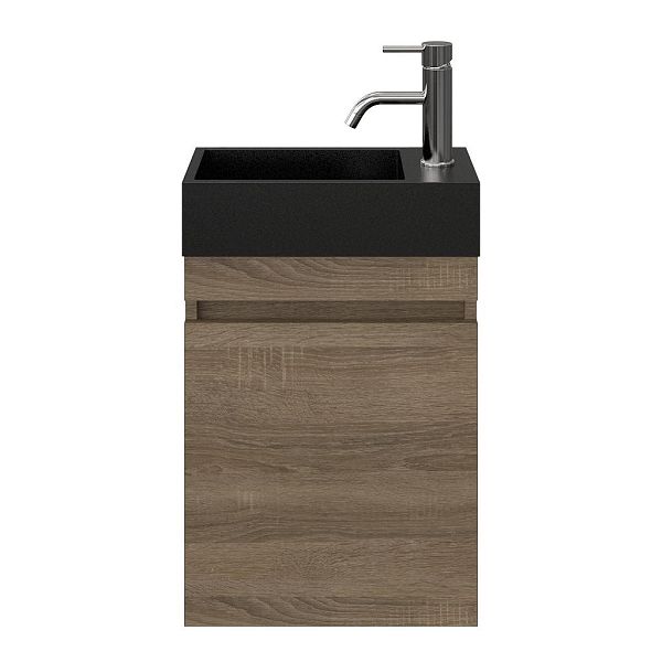 Brouwershaven fonteinmeubel 40 cm donker eiken met solid surface Camperduin fontein zwart mat