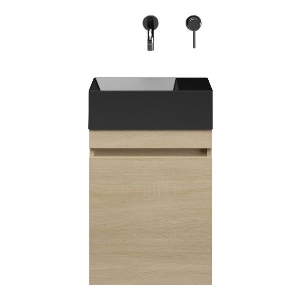 Brouwershaven fonteinmeubel 40 cm licht eiken met keramische Marken fontein zwart mat