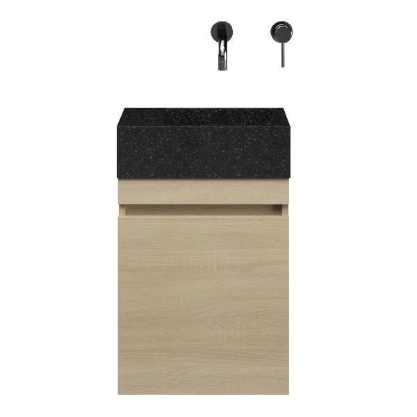 Brouwershaven fonteinmeubel 40 cm licht eiken met natuurstenen Stone wastafel shanxi black, zonder kraangat links