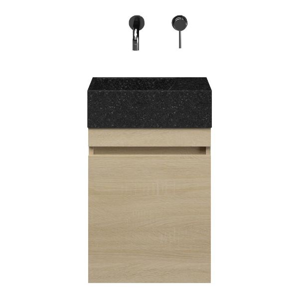 Brouwershaven fonteinmeubel 40 cm licht eiken met natuurstenen Stone wastafel shanxi black, zonder kraangat rechts