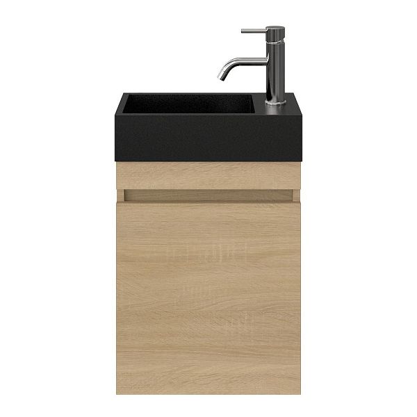 Brouwershaven fonteinmeubel 40 cm licht eiken met solid surface Camperduin fontein zwart mat