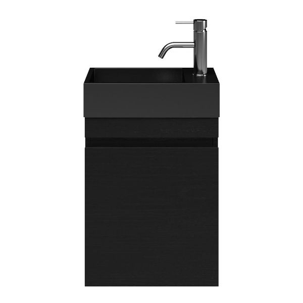 Brouwershaven fonteinmeubel 40 cm mat zwart eiken met solid surface Camperduin fontein zwart mat