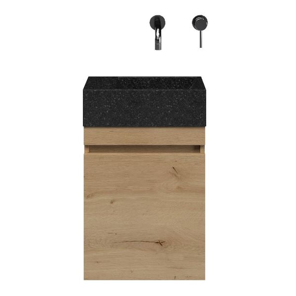 Brouwershaven fonteinmeubel 40 cm natuur eiken met natuurstenen Stone wastafel shanxi black, zonder kraangat links
