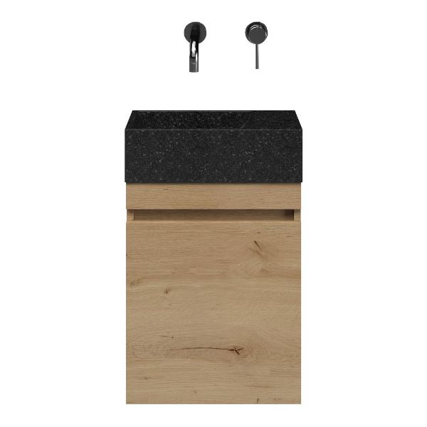 Brouwershaven fonteinmeubel 40 cm natuur eiken met natuurstenen Stone wastafel shanxi black, zonder kraangat rechts