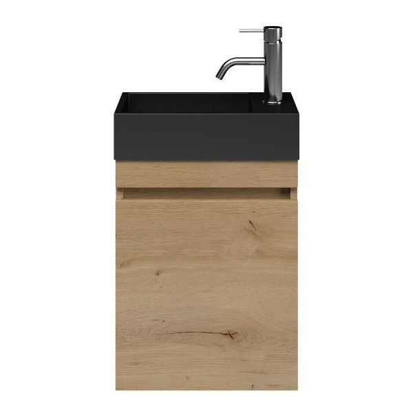 Brouwershaven fonteinmeubel 40 cm natuur eiken met solid surface Camperduin fontein zwart mat
