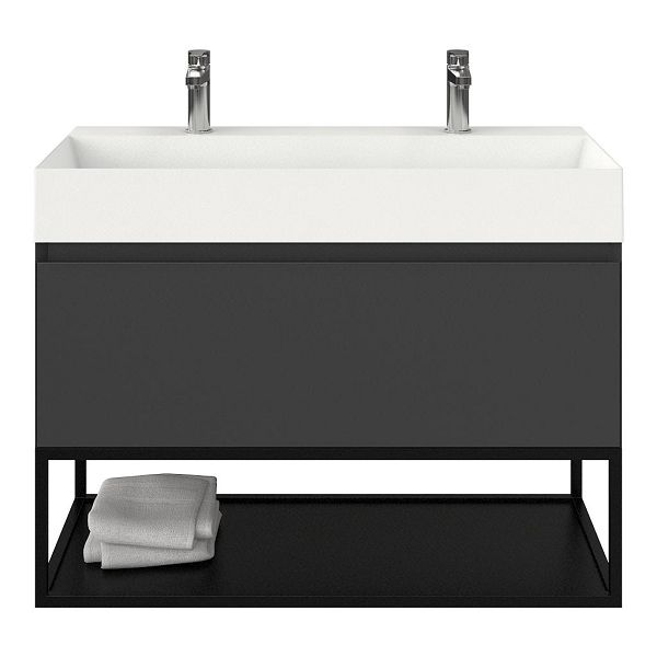 Domburg badmeubel 100 cm antraciet mat met keramische Marken wastafel wit mat, 2 kraangaten