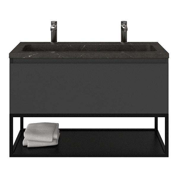 Domburg badmeubel 100 cm antraciet mat met natuurstenen Square wastafel blue stone, 2 kraangaten