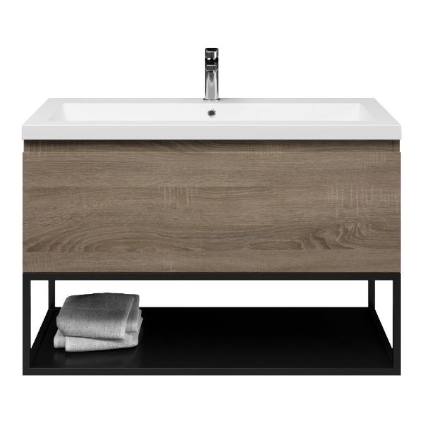 Domburg badmeubel 100 cm eiken donker met Cadzand wastafel wit mat, mat zwart metalen frame