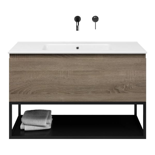 Domburg badmeubel 100 cm eiken donker met keramische Callantsoog wastafel wit glans, zonder kraangat