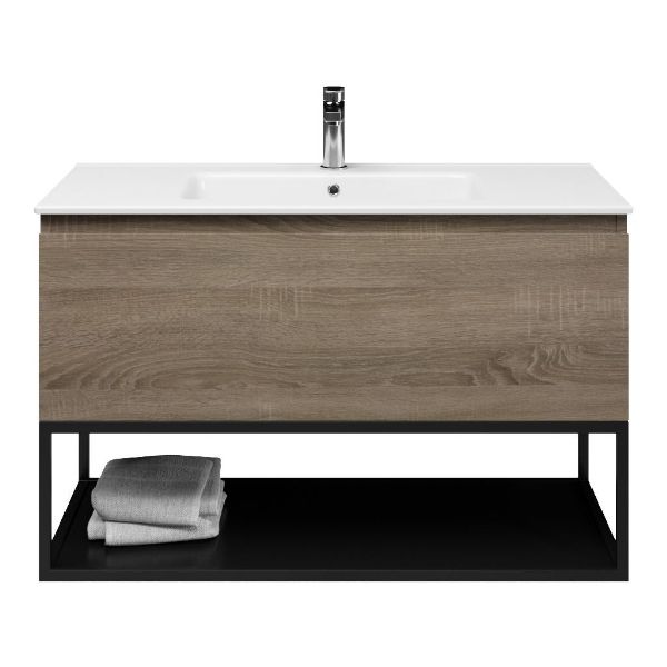 Domburg badmeubel 100 cm eiken donker met keramische Callantsoog wastafel wit glans, 1 kraangat