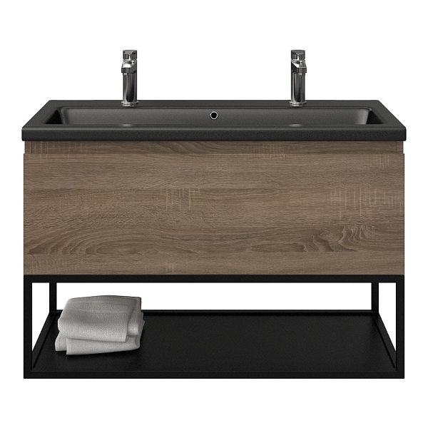 Domburg badmeubel 100 cm eiken donker met keramische Dishoek wastafel zwart mat, 2 kraangaten