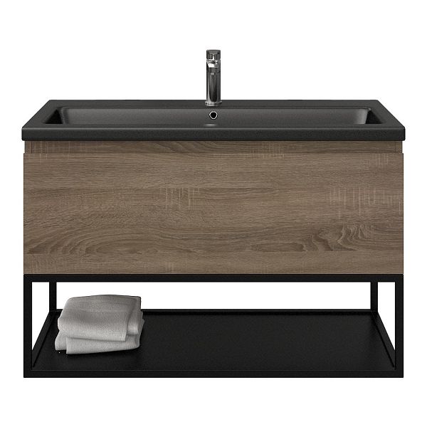 Domburg badmeubel 100 cm eiken donker met keramische Dishoek wastafel zwart mat, 1 kraangat