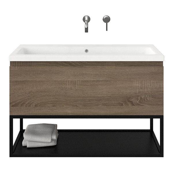 Domburg badmeubel 100 cm eiken donker met keramische Dishoek wastafel wit mat, zonder kraangat